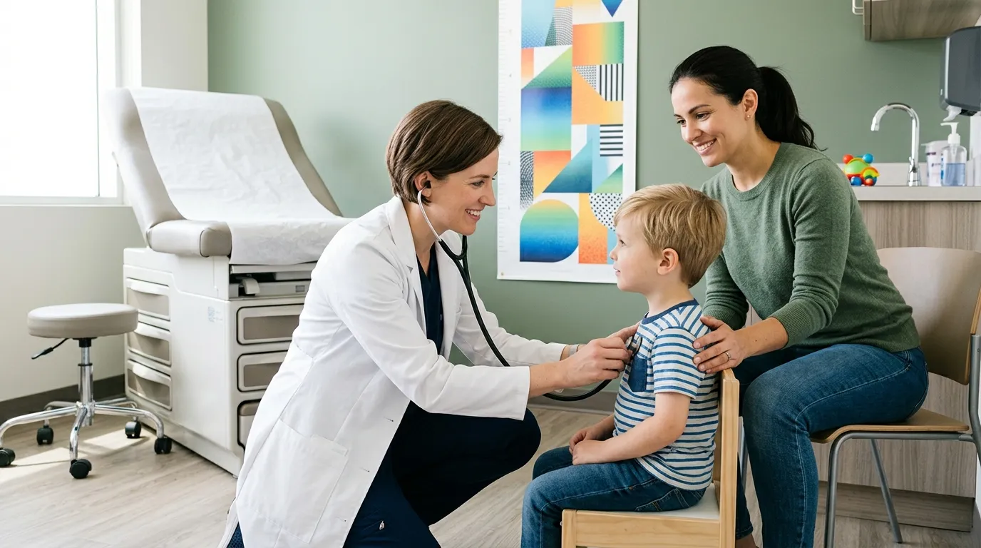 Doctor examining a young patient, with a parent alongside, at Athlone Medical