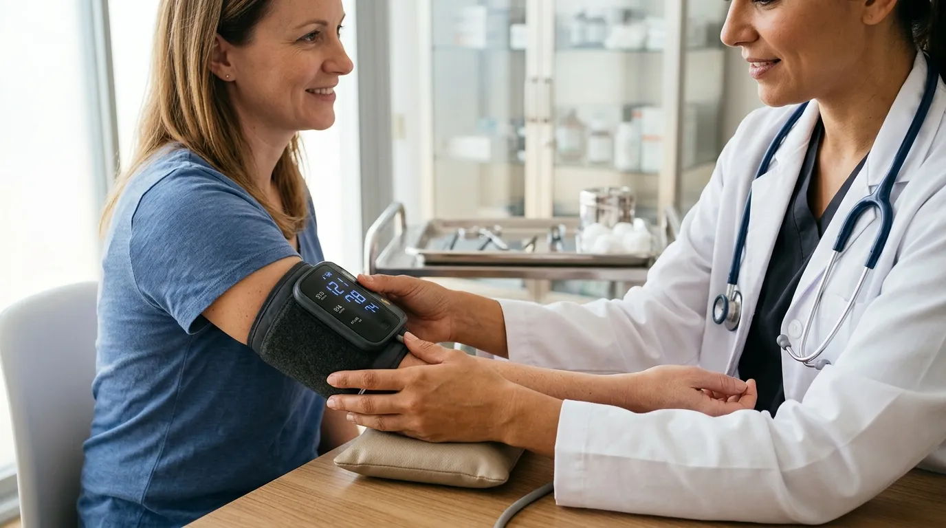 A doctor monitoring a patient's blood pressure