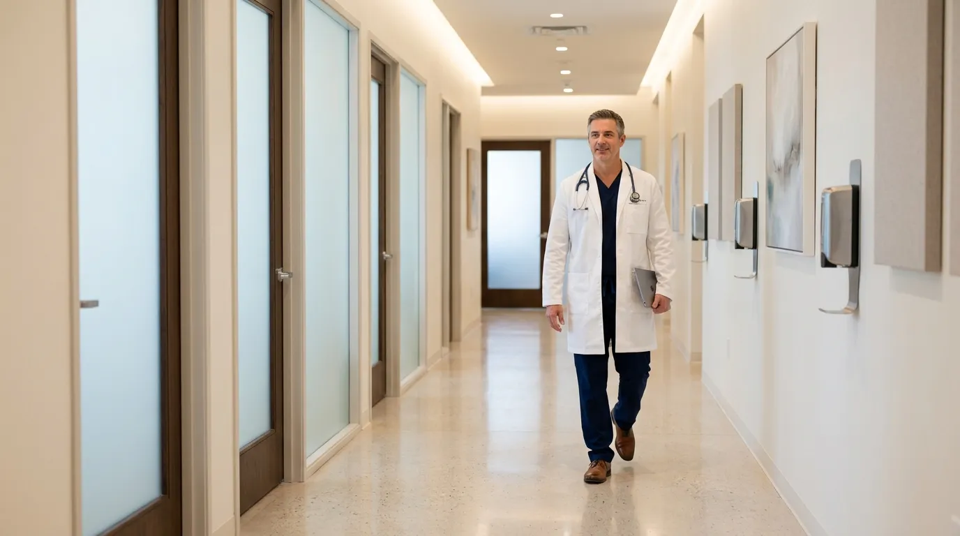 Doctor walking through the clinic corridor at Athlone Medical