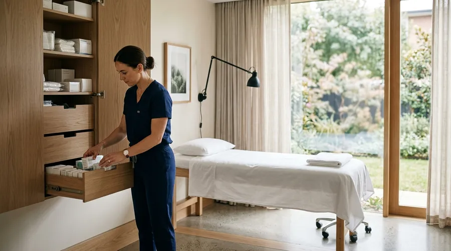 Nurse preparing supplies in a calm treatment room