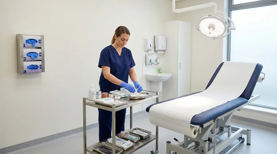 Nurse preparing wound-care supplies in a treatment room