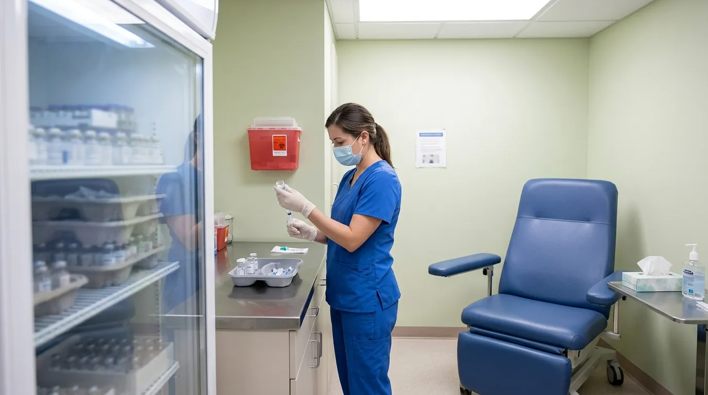 Nurse preparing a vaccine ahead of a travel health consultation