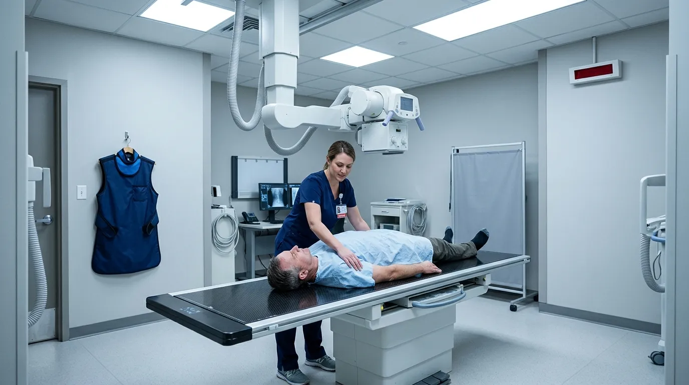 Radiographer positioning a patient for an X-ray
