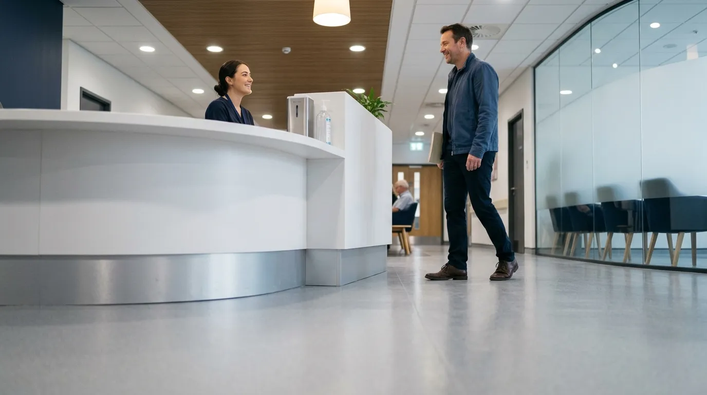 Receptionist greeting a patient at Athlone Medical