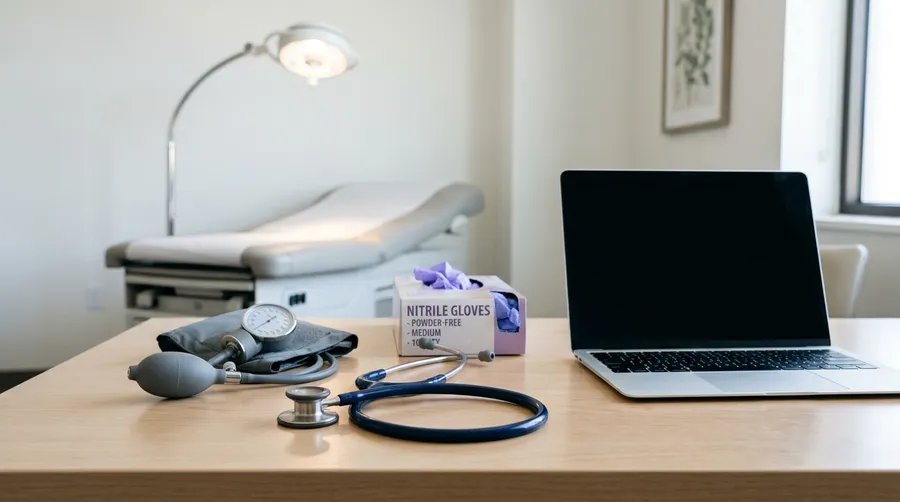 Stethoscope and monitoring equipment ready on a clinical desk
